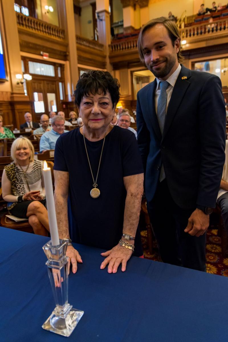 Holocaust survivor Bebe Forehand with Consul of Belgium Michael Cerulus at 2019 Days of Remembrance ceremony