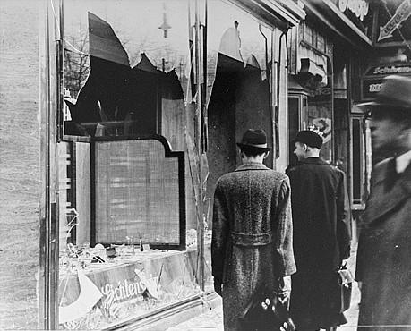 Berlin, Germany - November 10, 1938: Shattered storefront of a Jewish owned shop destroyed during Kristallnacht (the "Night of Broken Glass"). Photo source: National Archives and Records Administration, College Park, Md.