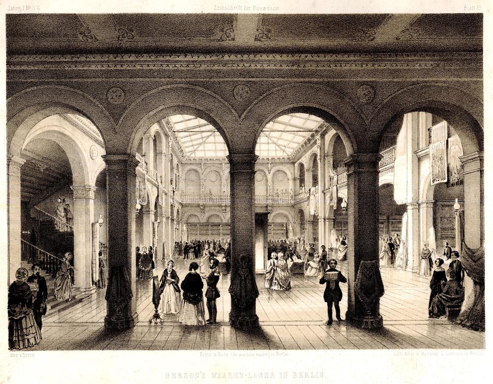 Berlin, Germany - 1851: An illustration of the interior of the first Gerson department store, designed by architect Theodor Auguststein. 