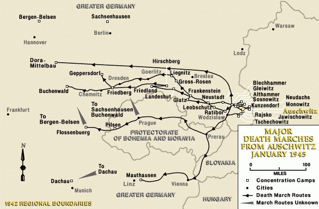 Map shows major death marches from Auschwitz